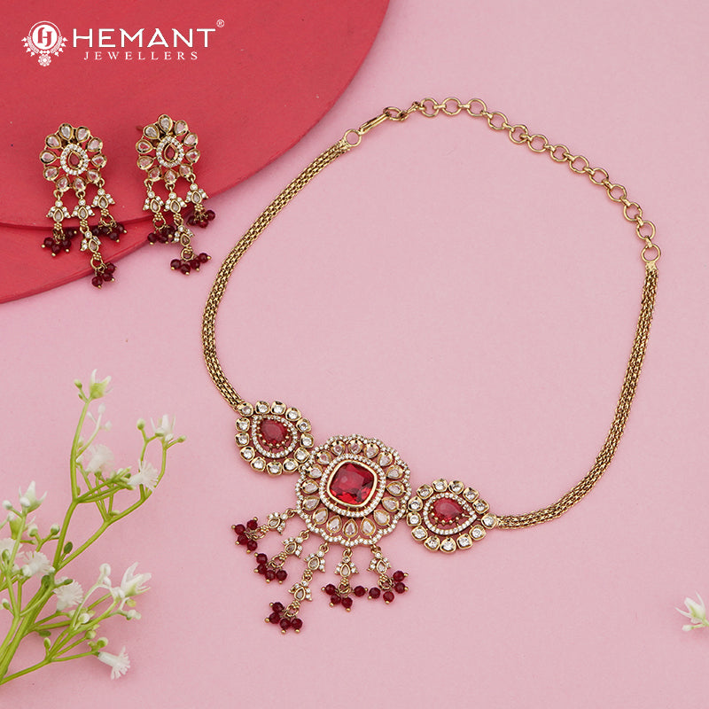 Stone-Studded Choker Necklace Set with Dangling Ruby Beads – 4606-07