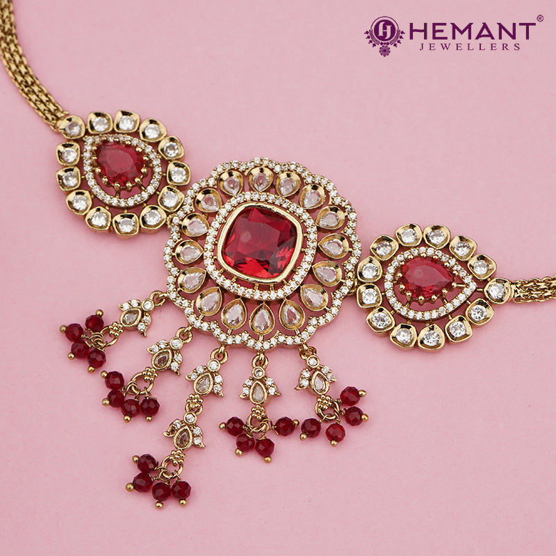 Stone-Studded Choker Necklace Set with Dangling Ruby Beads – 4606-07
