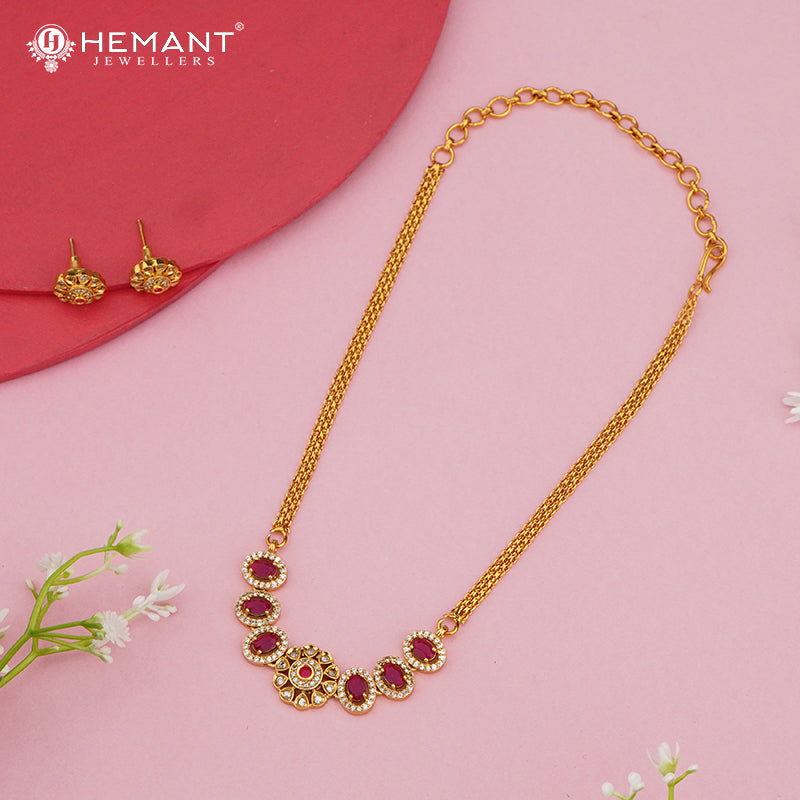 Antique-Finish Stone Necklace Set with Floral Motif Pendant – 4608-09