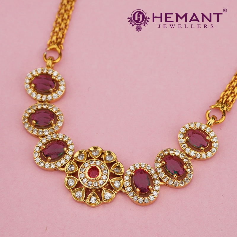 Antique-Finish Stone Necklace Set with Floral Motif Pendant – 4608-09