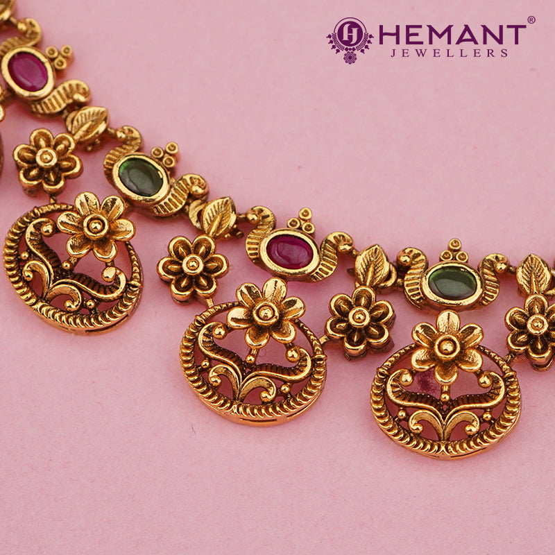 Antique Finish Coin Floral Necklace Set with Green-Ruby Stones – 4612