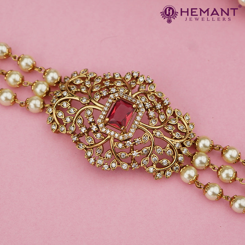 Antique Finish Pearl Layered Chokar Necklace with Ruby-Centered Floral Pendant – 4627