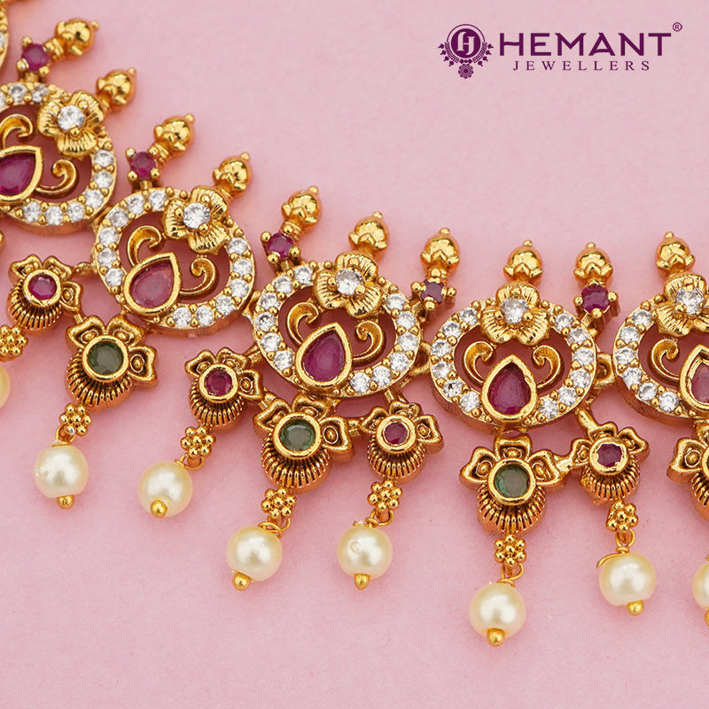 Antique Finish Layered Necklace Set with Lotus and Pearl Drops – 4629