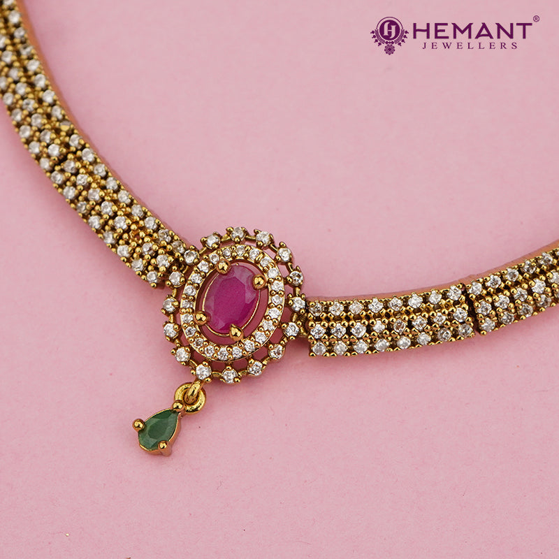 Elegant CZ Necklace Set with Ruby-Center Pendant & Emerald Green Drop Accents – 4632