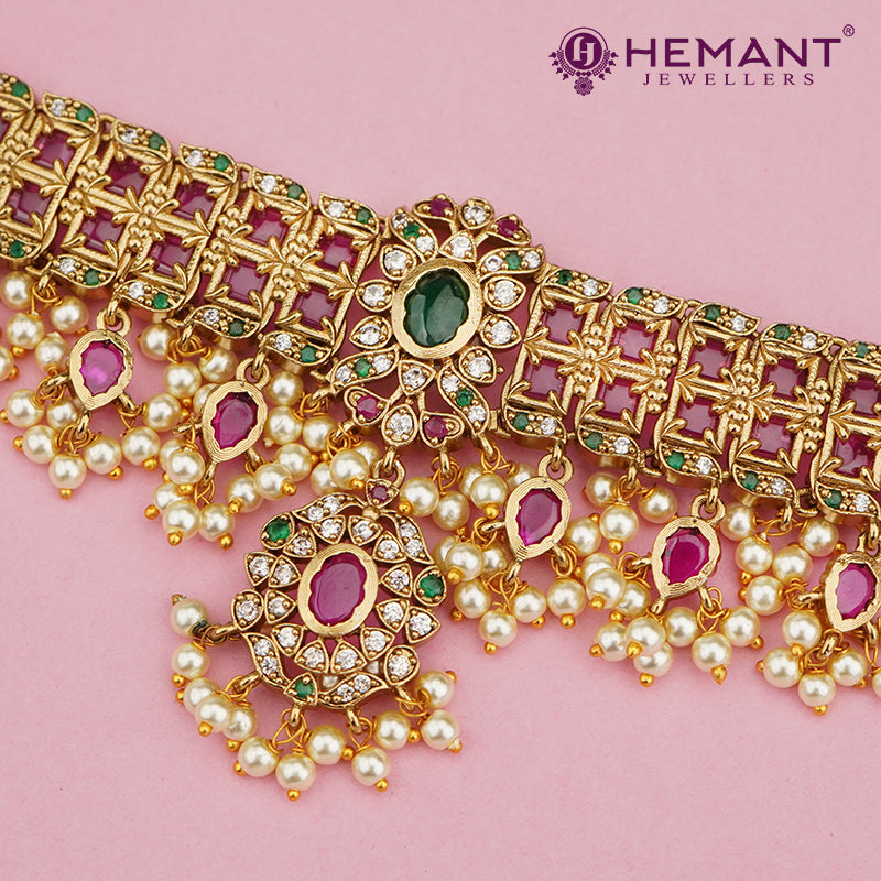 Antique-Finish Wide Choker Set with Ruby-Green Stones, Pearl Drops & Floral Mesh Design – 4633