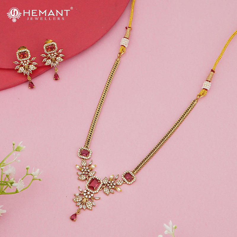 Antique Gold Floral Necklace Set with Ruby Square Stones & CZ Leaf Motifs – 4636