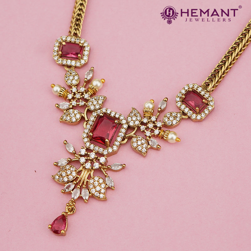 Antique Gold Floral Necklace Set with Ruby Square Stones & CZ Leaf Motifs – 4636