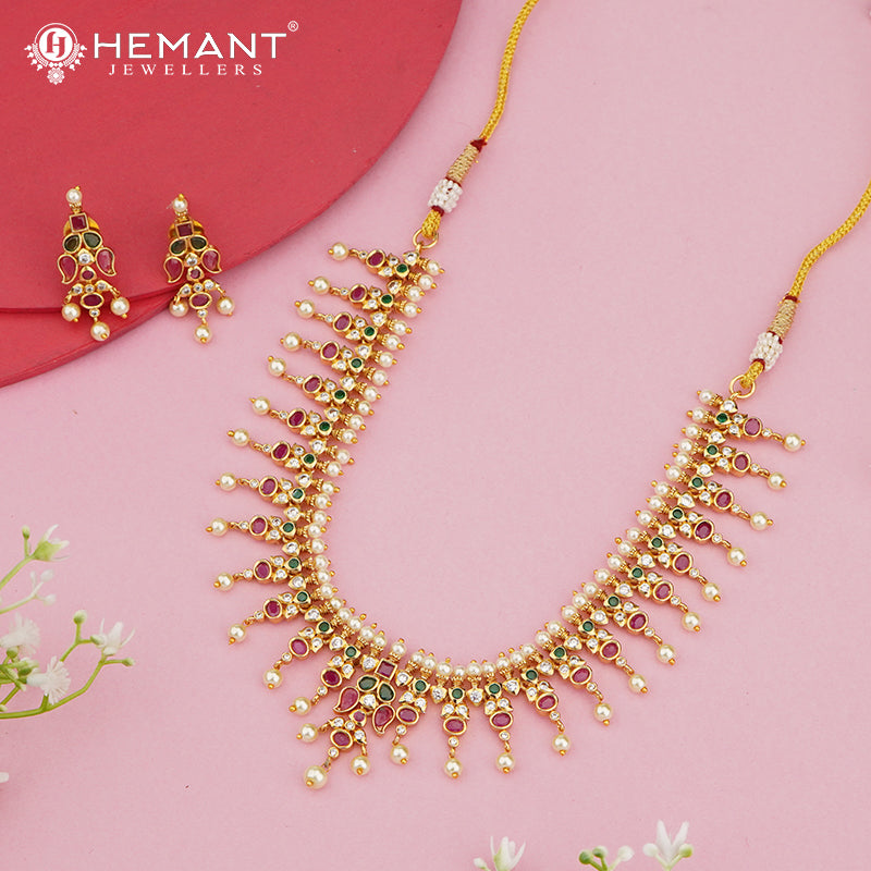 Antique-Finish Leaf Cluster Necklace Set with Ruby-Green Stones – 4640