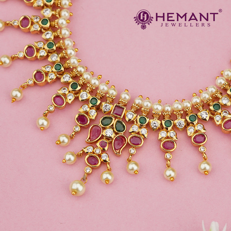 Antique-Finish Leaf Cluster Necklace Set with Ruby-Green Stones – 4640