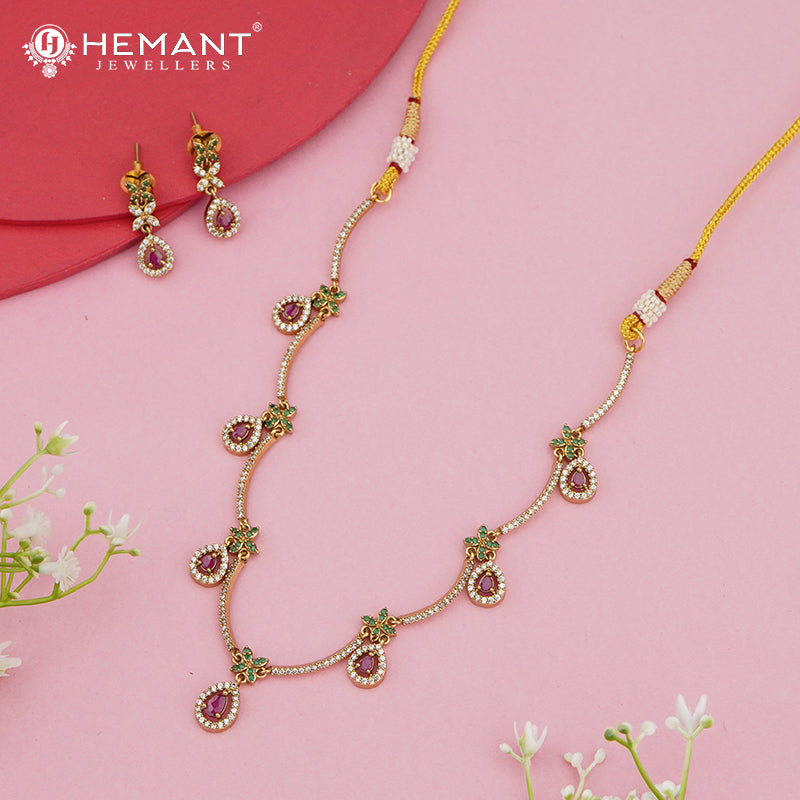 Antique-Finish Ruby Drop Necklace Set with Green Floral Accents – 4641