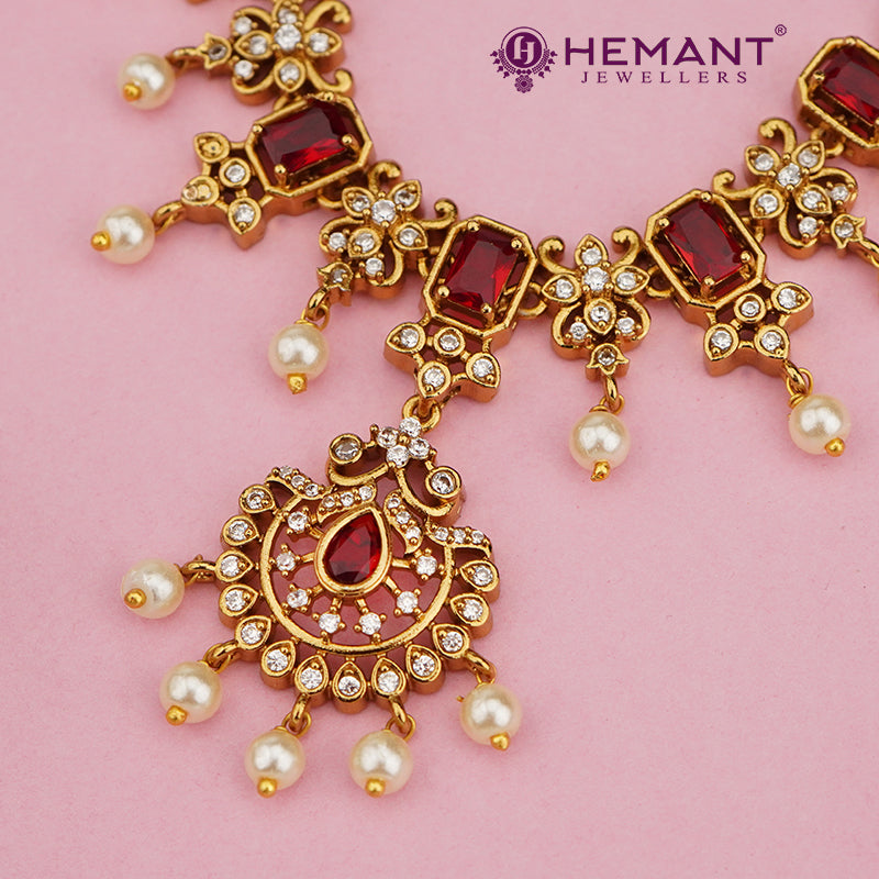 Antique Gold-Finish Red Stone Bridal Necklace Set with Pearl Drops – 4644