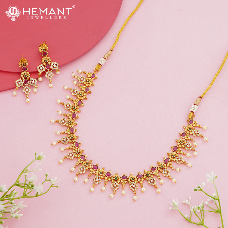 Floral Drop Antique Necklace Set with Pearl Danglers – 4645