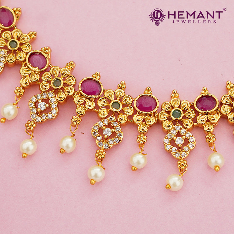 Floral Drop Antique Necklace Set with Pearl Danglers – 4645