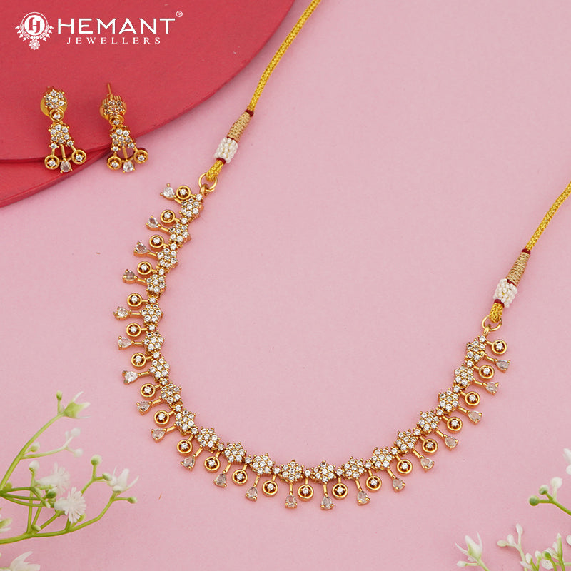 Antique-Finish CZ Sparkle Short Necklace Set with Drop Danglers – 4650