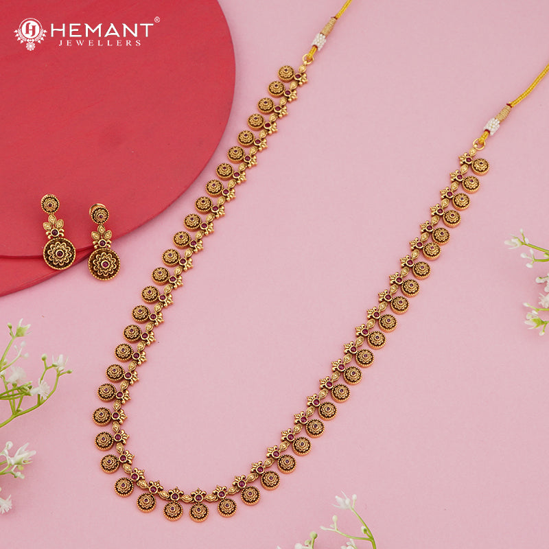 Antique Coin Motif Long Necklace Set with Earrings – 4655