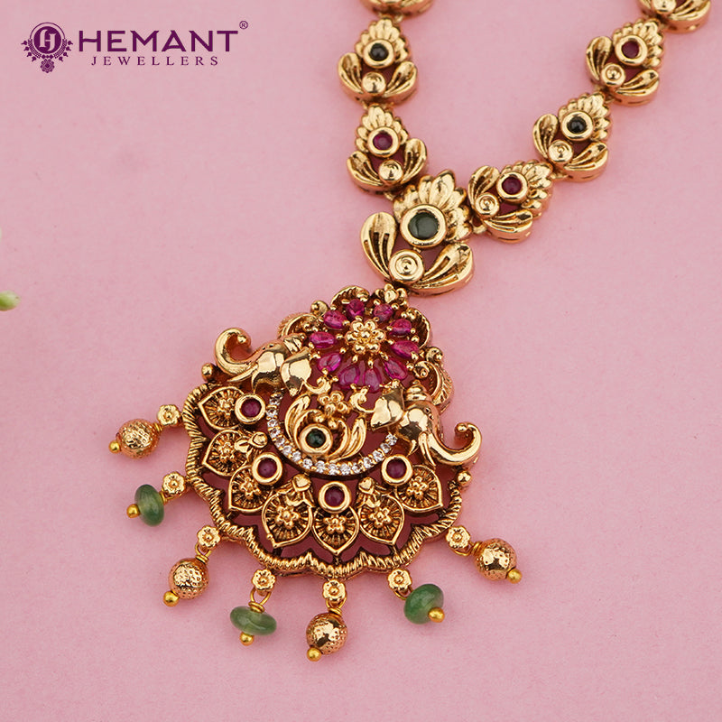 Antique Peacock Motif Necklace Set with Layered Pendant 4659