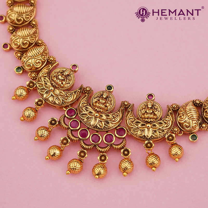 Antique Finish Temple Motif Necklace Set with Ghungroo Drops 4662