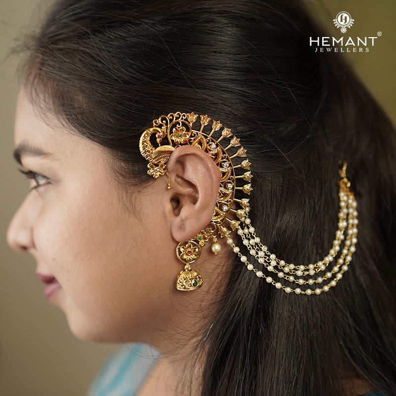 Antique Back Ear Cuff | Peacock Motif Back Ear Cuff / Kan with Multi-Strand Pearl Chain - 4669