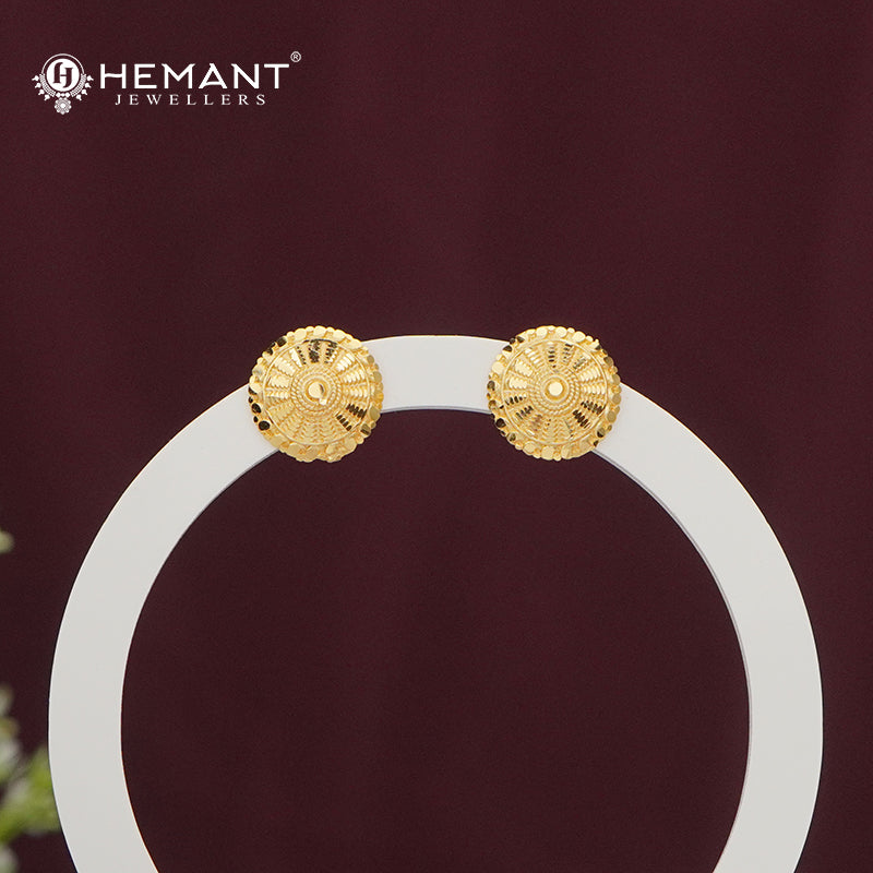 Gold-Finish Round Stud Earrings | Intricate Embossed Design - 4771