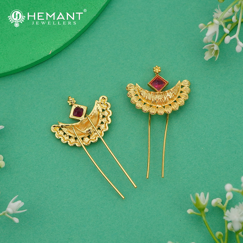 Traditional Maharashtrian Kolhapuri Micro Gold Plated Hair Pin (Ambada Pin) - 4774