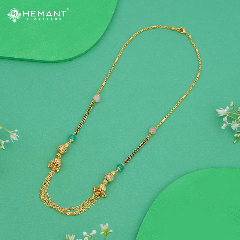 Elegant Gold-Plated Necklace with Green Beads & Chain Tassels - 4780