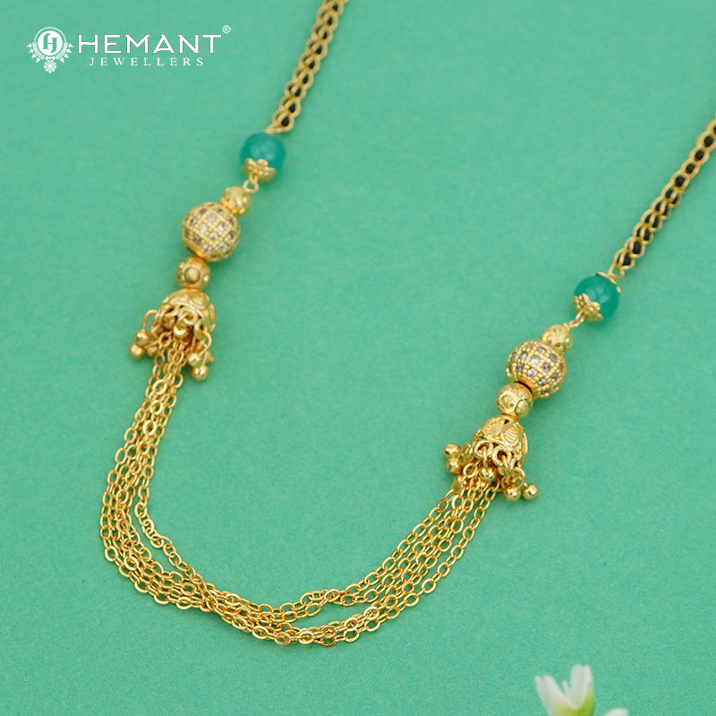Elegant Gold-Plated Necklace with Green Beads & Chain Tassels - 4780