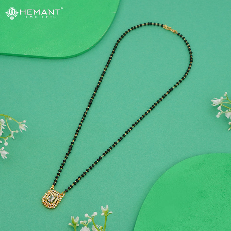 Classic Black Bead Mangalsutra with Rectangular Stone Pendant – 4821