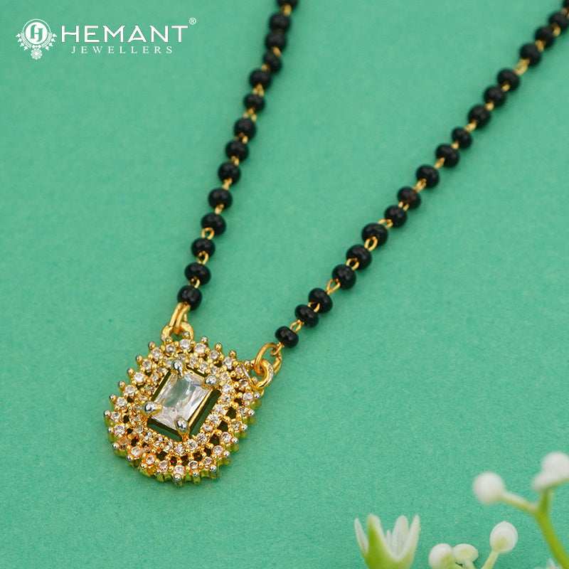 Classic Black Bead Mangalsutra with Rectangular Stone Pendant – 4821
