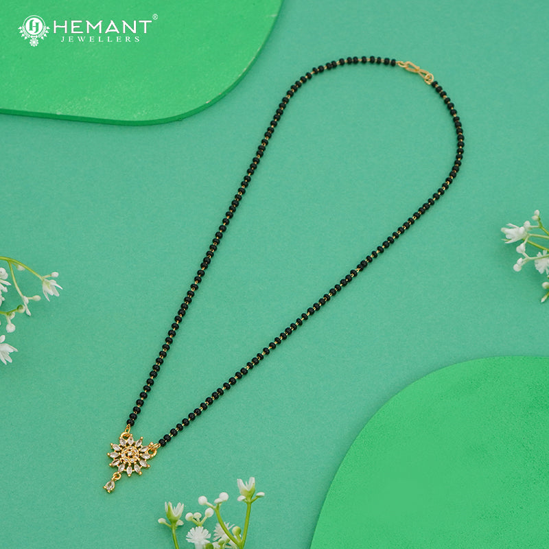 Elegant Black Bead Mangalsutra with Floral Stone Pendant – 4822