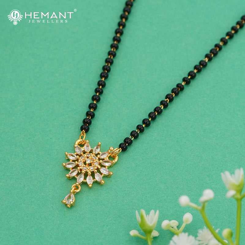 Elegant Black Bead Mangalsutra with Floral Stone Pendant – 4822