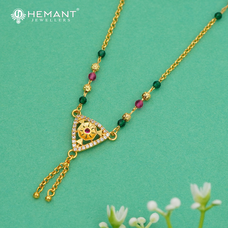 Triangle Pendant Mangalsutra with Ruby-Green Beads - 4858