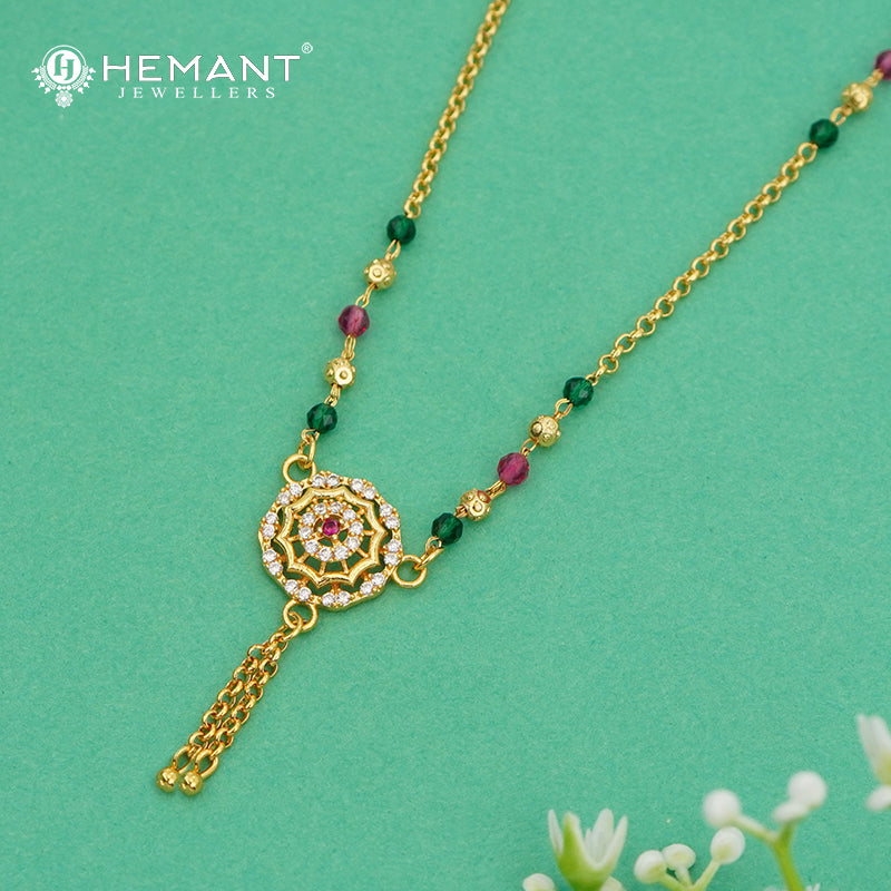 Round Pendant Mangalsutra with Ruby-Green Beads - 4859