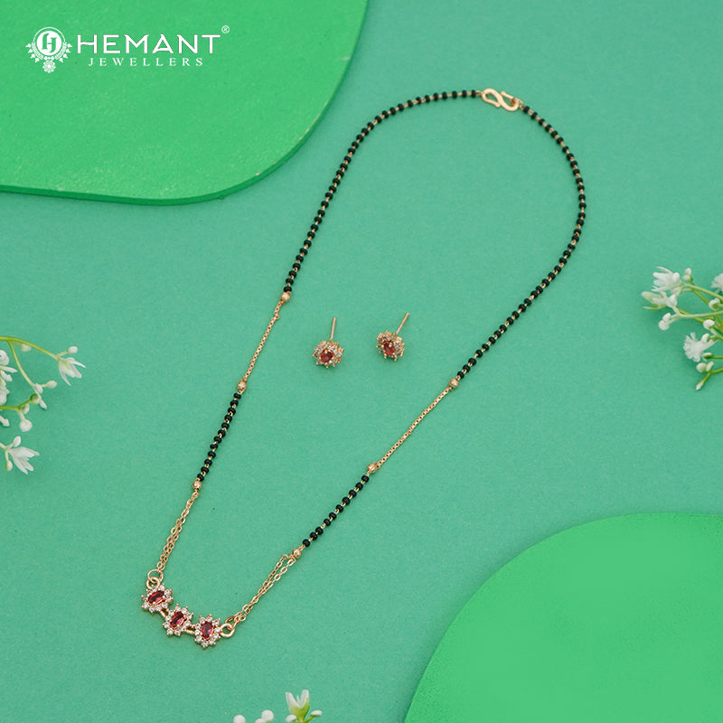 Elegant Black Bead Rose Gold 18" Mangalsutra with Ruby Stone Pendant & Matching Earrings - 4888
