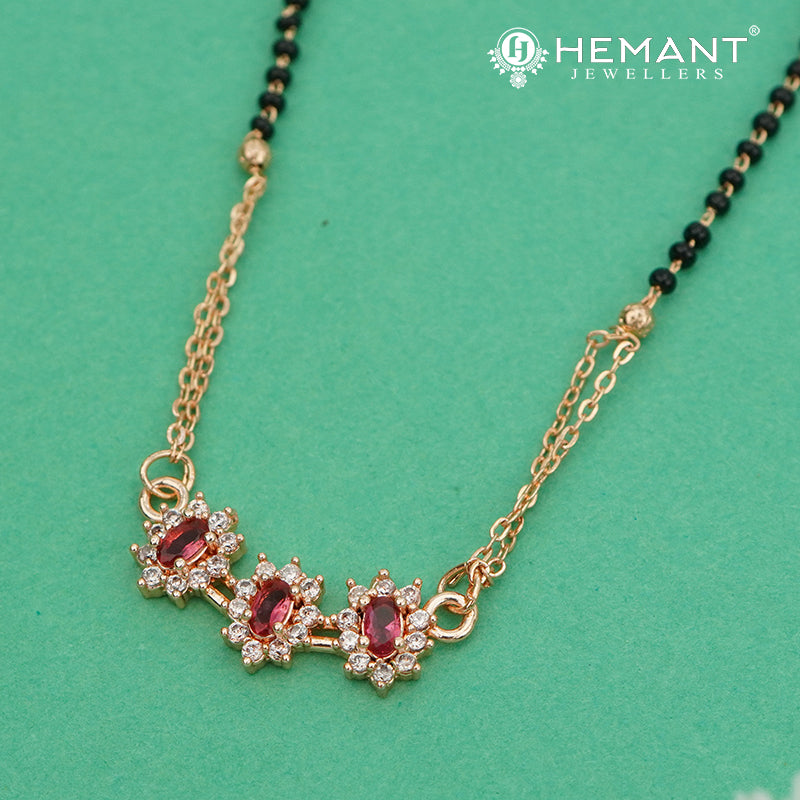 Elegant Black Bead Rose Gold 18" Mangalsutra with Ruby Stone Pendant & Matching Earrings - 4888