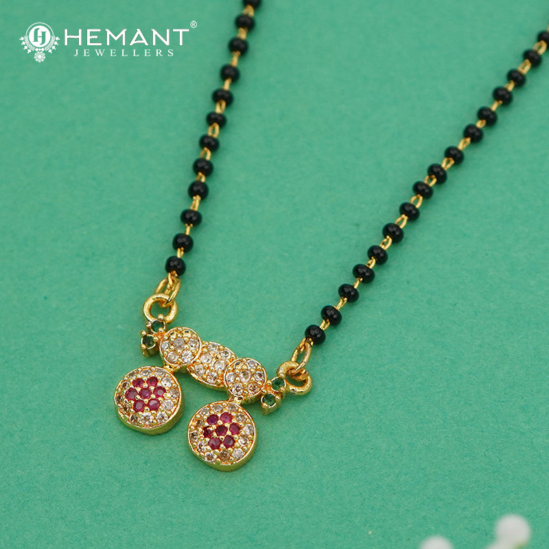 Double Pendant Ruby–White CZ 18" Mangalsutra with Black Beads - 4890