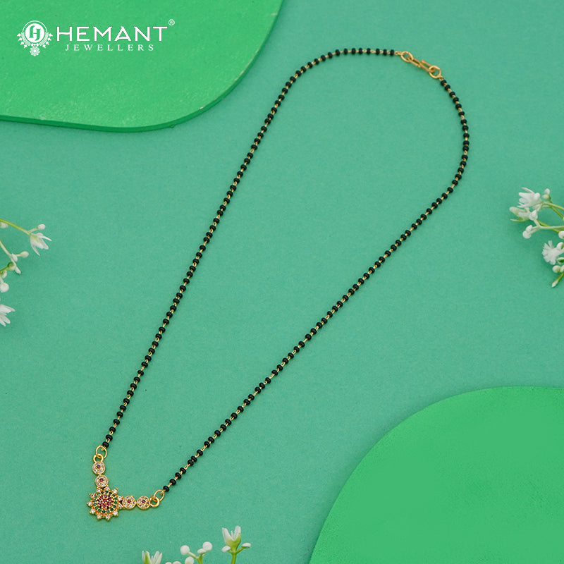 Floral Sunburst Pendant 18" Mangalsutra with Ruby-Green CZ Stones & Black Bead Chain - 4891