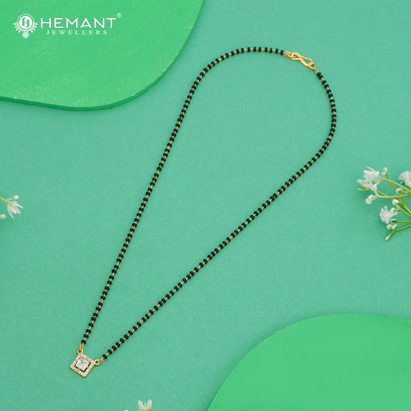 Square Pendant Diamond-Studded 18" Mangalsutra with Black Beads - 4896