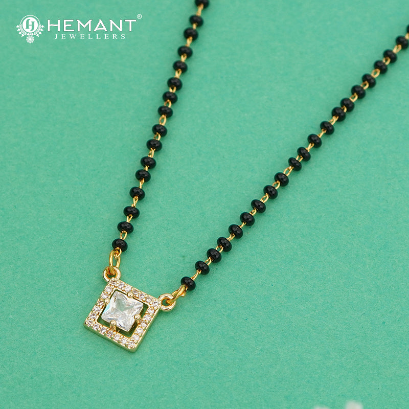 Square Pendant Diamond-Studded 18" Mangalsutra with Black Beads - 4896