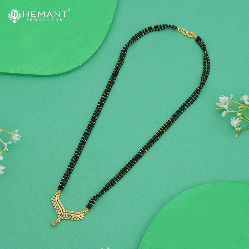 Elegant Double Line 18" Mangalsutra with Designer V-Shape Pendant & Solitaire Drop - 4902