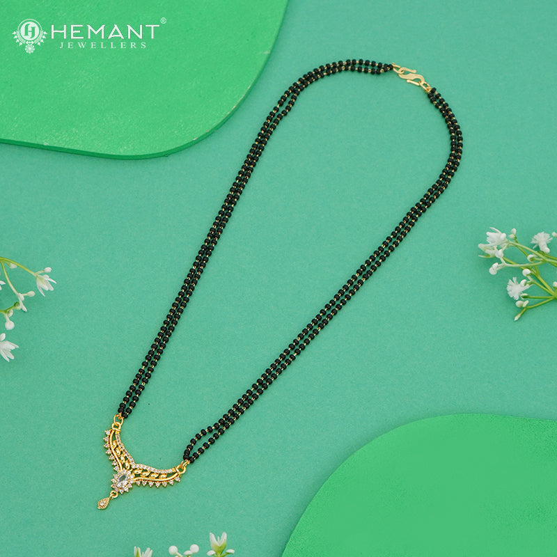 Double Line CZ 18" Mangalsutra with Oval White Stone Pendant & Teardrop Drop - 4903