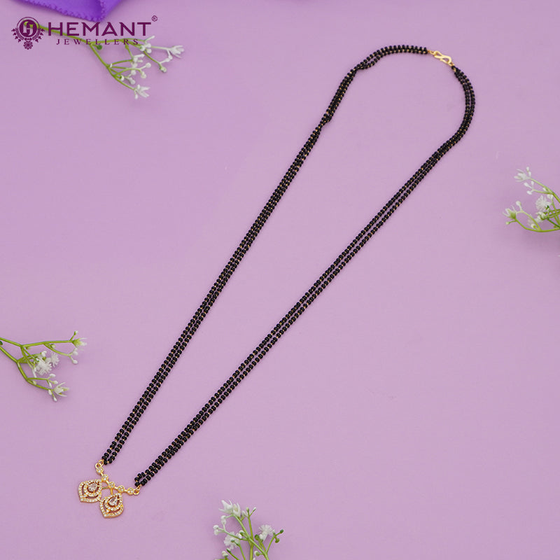 Elegant Two Layer Black Bead 30" Mangalsutra with Leaf Diamond-Cut Pendant - 4907