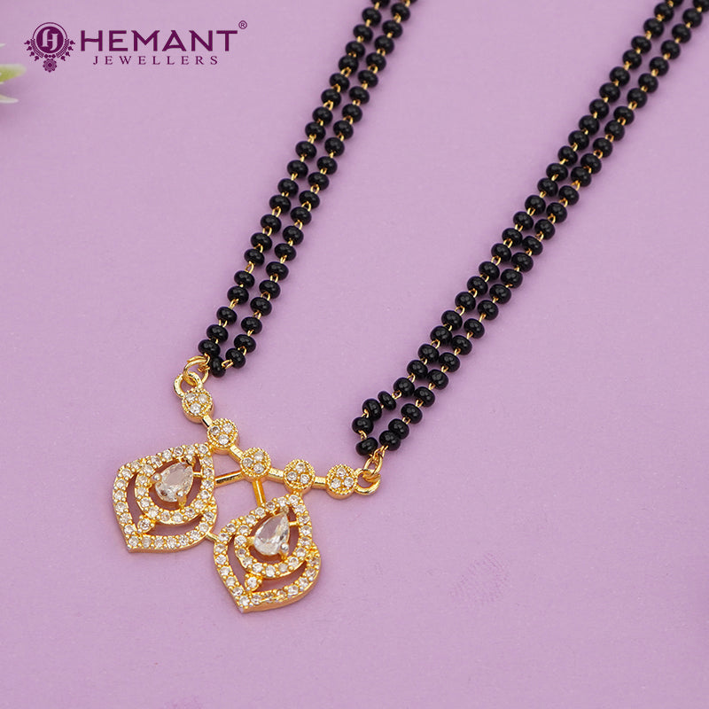 Elegant Two Layer Black Bead 30" Mangalsutra with Leaf Diamond-Cut Pendant - 4907