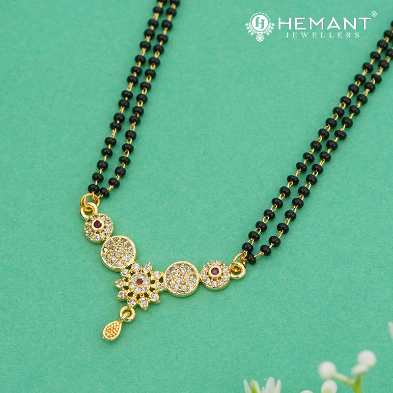 Double-Line Black Bead 18" Mangalsutra with Circular Floral Pendant - 4908