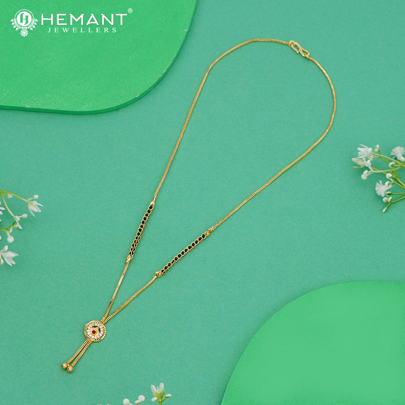 Delicate Gold-Toned 18" Mangalsutra with Chain, Round Ruby-CZ Pendant - 4925