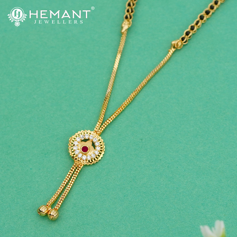 Delicate Gold-Toned 18" Mangalsutra with Chain, Round Ruby-CZ Pendant - 4925