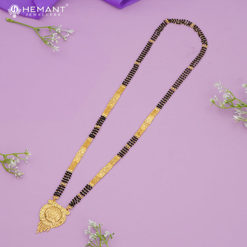 Forming Gold Maharashtrian Long Double-Chain 30" Mangalsutra with Antique Floral Pendant - 4928