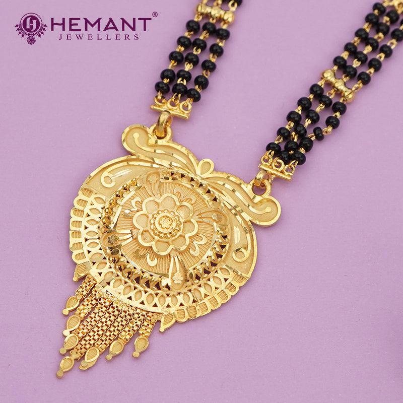 Forming Gold Maharashtrian Long Double-Chain 30" Mangalsutra with Antique Floral Pendant - 4928