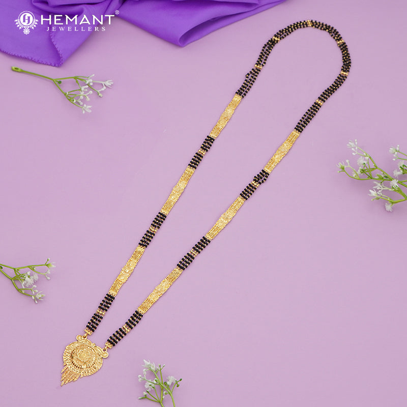 Forming Gold Maharashtrian Long Double-Chain 36" Mangalsutra with Antique Floral Pendant - 4929