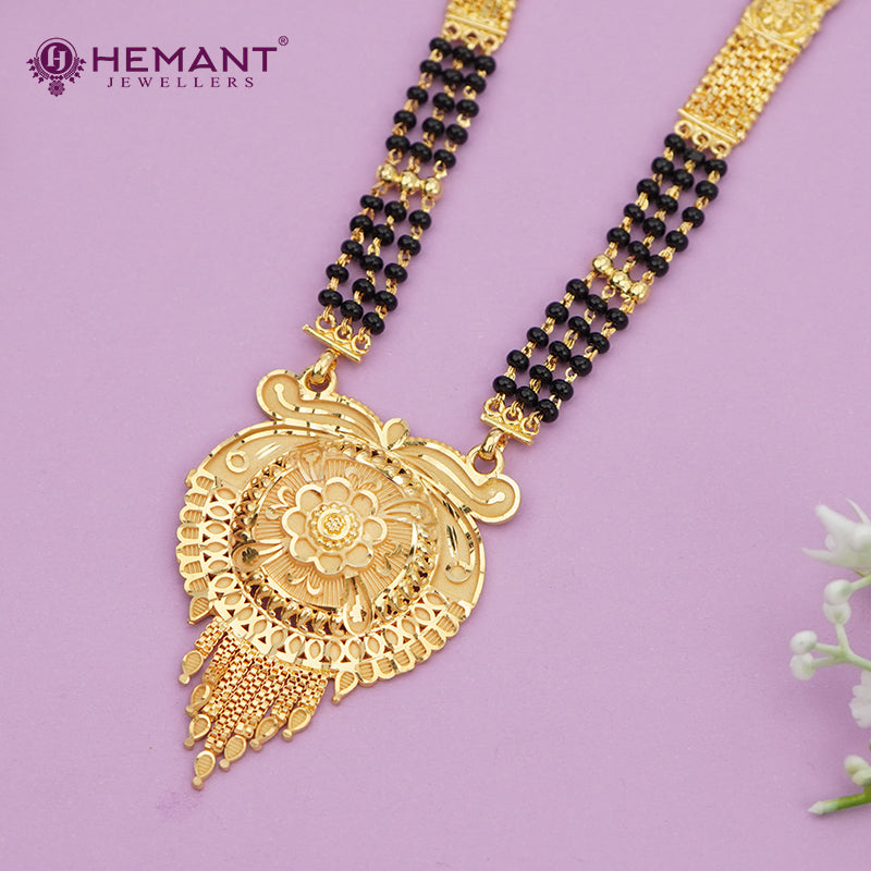 Forming Gold Maharashtrian Long Double-Chain 36" Mangalsutra with Antique Floral Pendant - 4929
