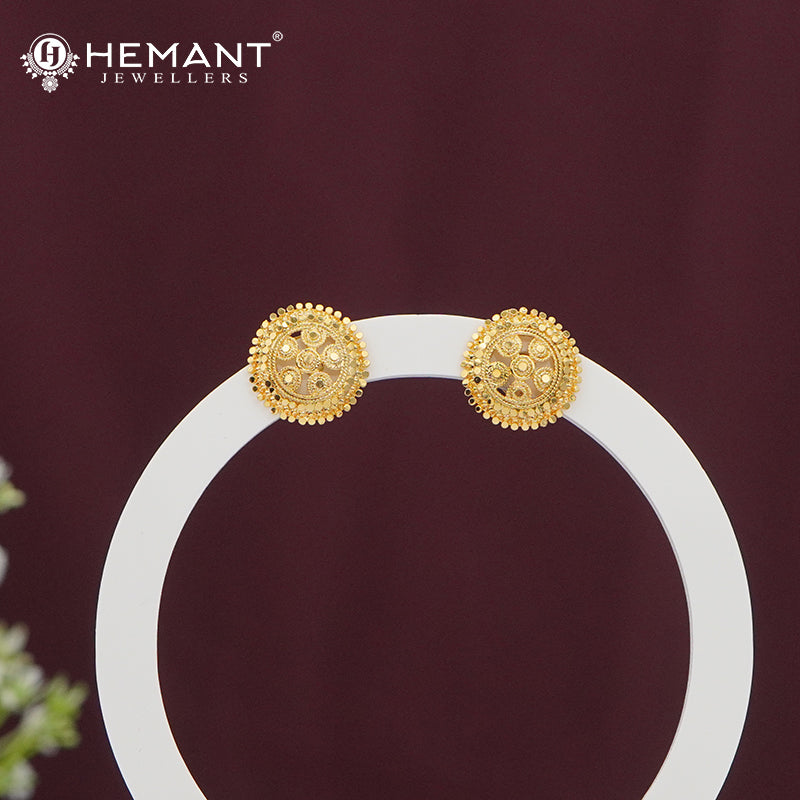Gold-Finish Round Stud Earrings | Intricate Embossed Design - 4963